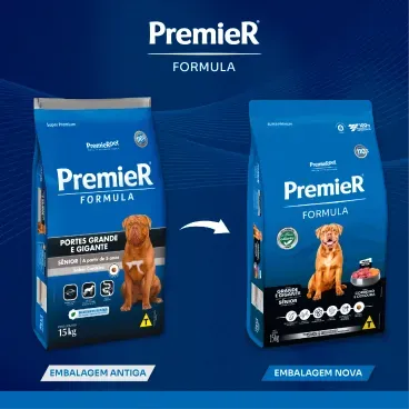 Nova embalagem Racao Premier Formula Caes Senior Racas Grande e Gigante Cordeiro